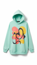 Glow Mint oversized graphic hoodie featuring a colorful abstract design on a mint green background.