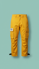 yellow tactical cargo pants on a light green background