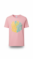coral streetwear t-shirt featuring a vibrant coral-inspired graphic design on a pink background.